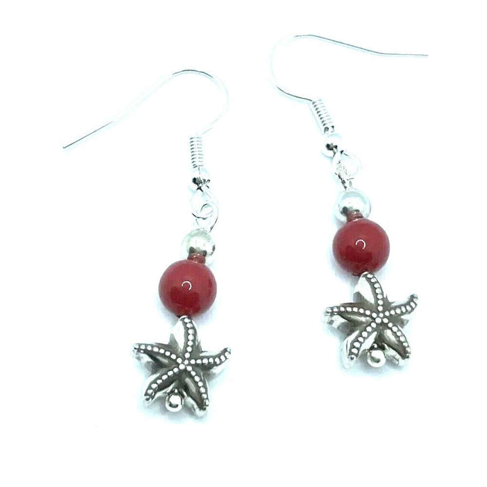 Brighton Seascape Starfish Shell Ocean Life Red Beads Custom Earrings